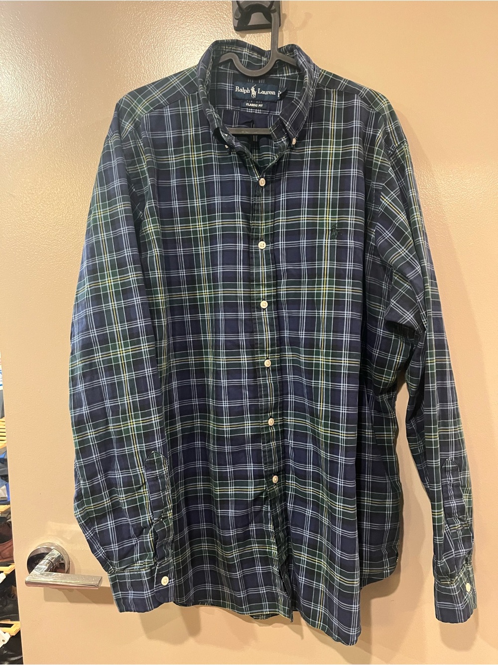 Vintage Ralph Lauren Navy & Green Plaid Button-Down Shirt size L